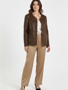 Chocolate Brown Jacket Crinkle Vegan Faux Leather by Lafayette 148 Pockets 12